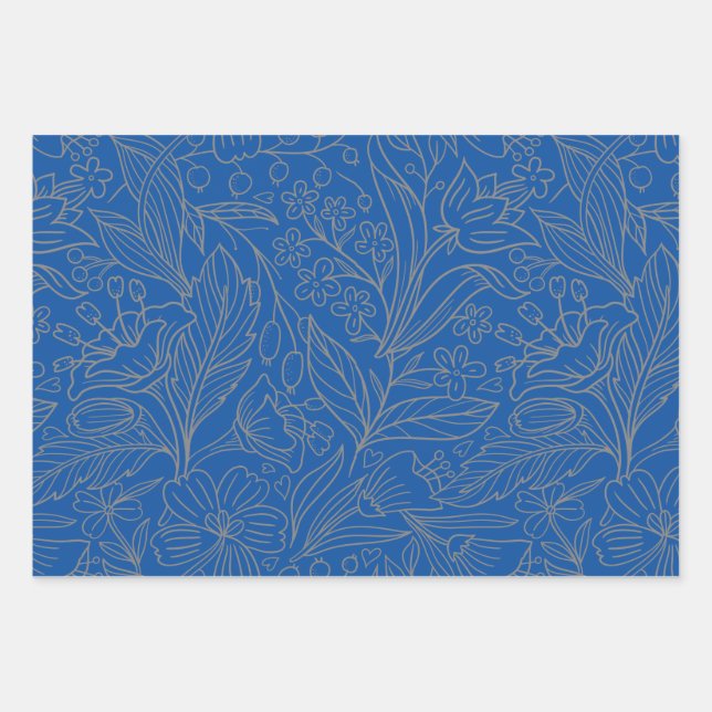 Papier d'enveloppement floral moderne gris bleu (Devant)