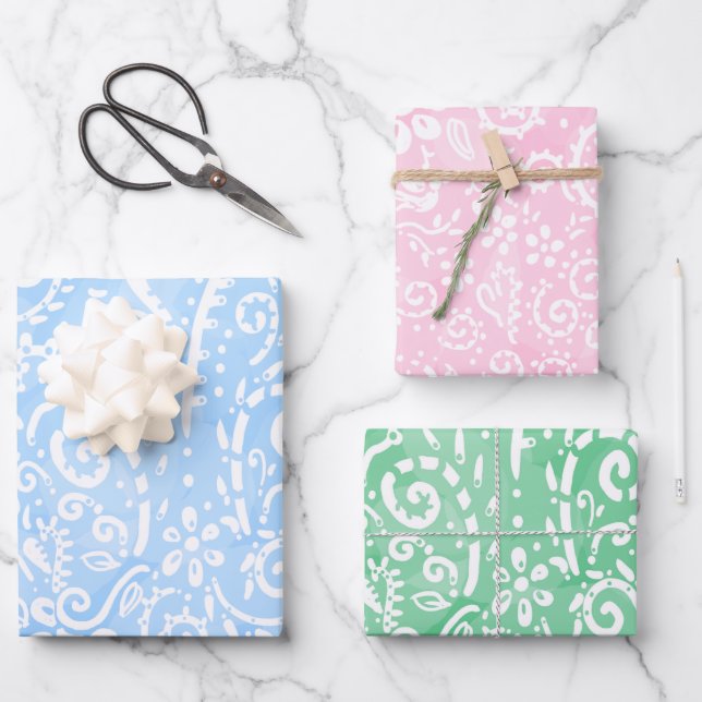 Papier d'enveloppement Pastel Paisley bleu, rose e (Recto)