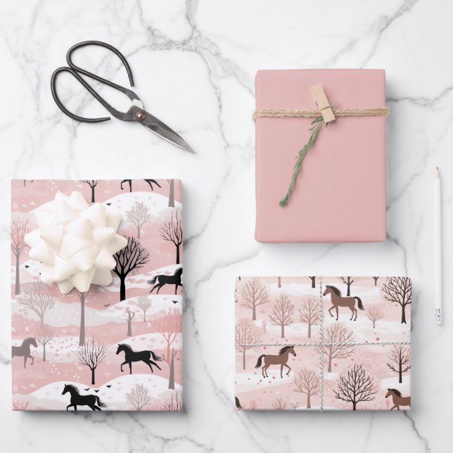Papier d'enveloppement pour chevaux d'hiver rose p (Recto)