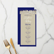Papier d'époque Blue Tan Floral Folial Menu Mariag