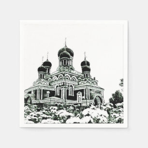 Papier Église en croquis noir et blanc sur serviette en p