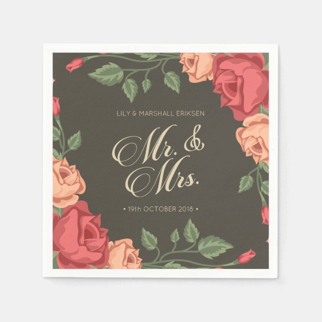 Papier Élégant floral M & Mme mariage | Serviette en papi (Devant)