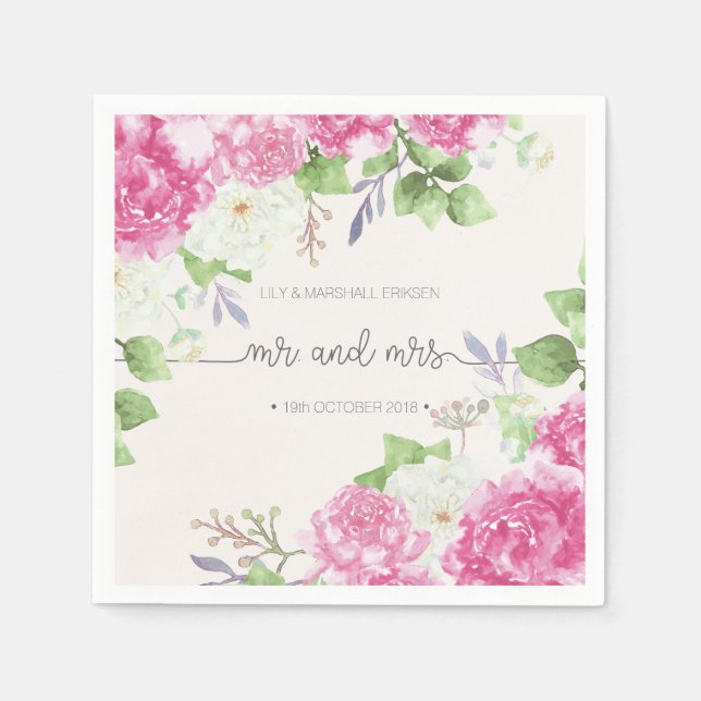 Papier Élégant floral M & Mme mariage | Serviette en papi (Devant)