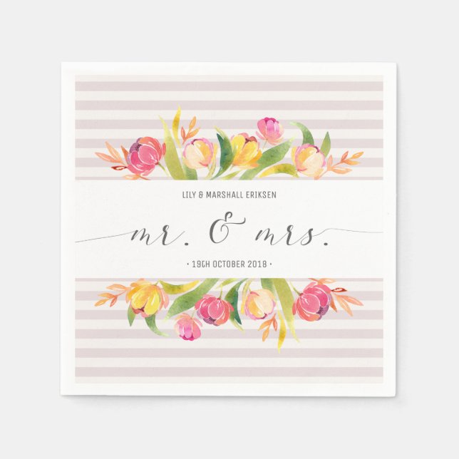 Papier Élégant mariage floral M & Mme | Serviette en papi (Devant)