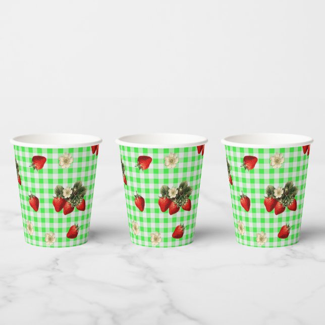Papier Fleurs de fraisier gingham vert jolis gobelets en  (Multi)
