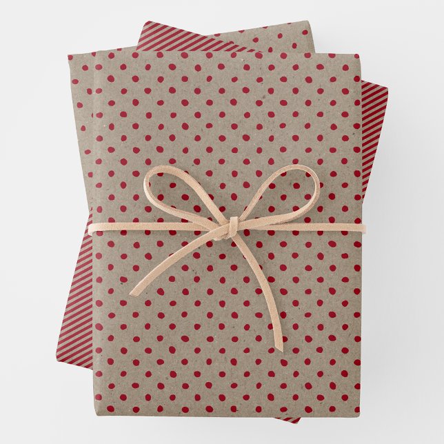 Papier Kraft Brun et Rouge Faux Avec Motifs Multip (Faux Brown & Red Kraft Paper w/ Stripes & Irregular Polka Dots)