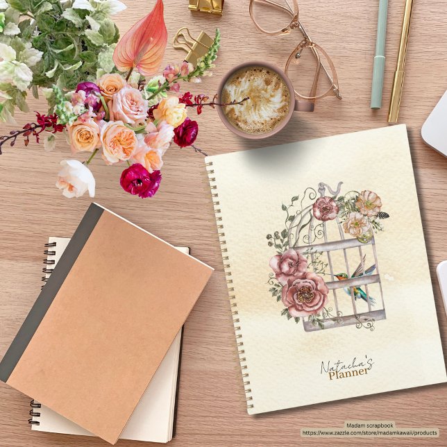 Papier kraft personnalisé arrière-plan Floral roma (Modern watercolor planner with floral and birds)