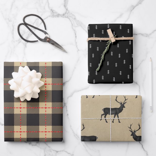 Papier Kraft rustique | Noël Plaid Deer Antler (Recto)