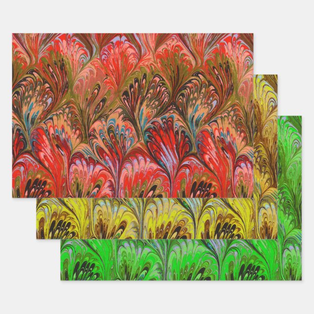 PAPIER MARBÉ, MOTIF ABSTRAIT ROUGE VERT JAUNE (Lot)