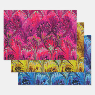 PAPIER MARBÉ, MOTIF JAUNE BLEU ROSE ABSTRAIT