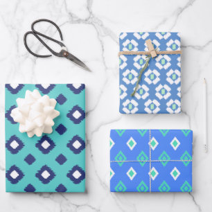 Papier Motif Ikat bleu, Aqua et Mint
