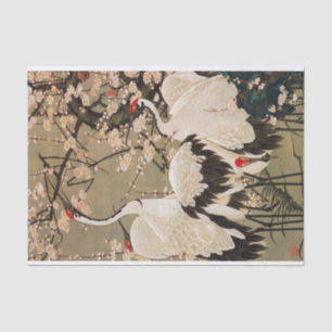Papier Mousseline 15. 梅 花 群 鶴 図, 若 Plum Blossoms & Cranes, Jakuchú,