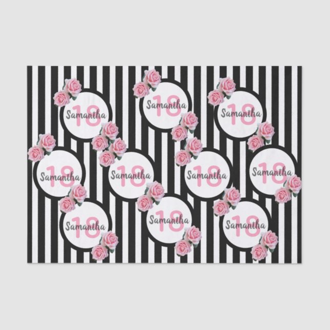 Papier Mousseline 18e anniversaire chic rose roses noir blanc rayure (Recto)