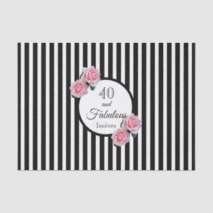 Papier Mousseline 40e anniversaire noir rayures rose fleurons nom