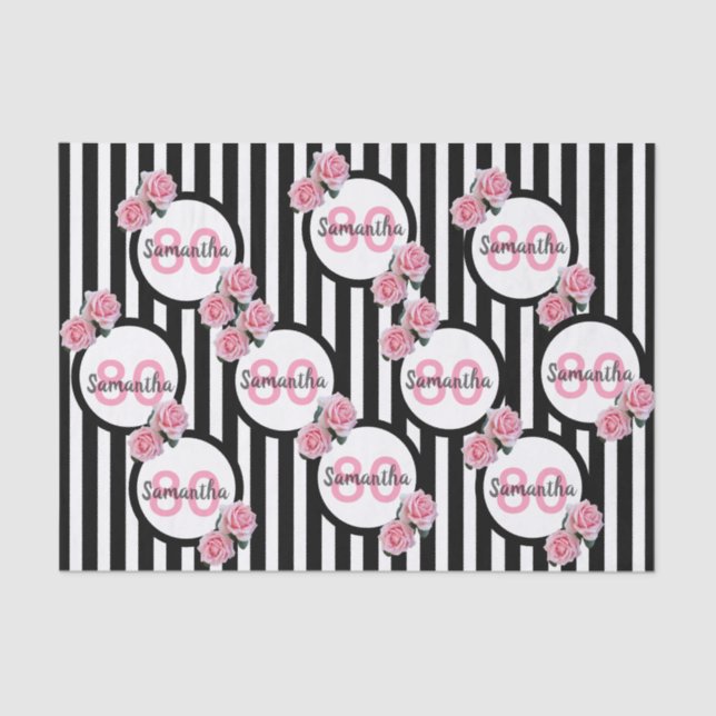 Papier Mousseline 80e anniversaire rose roses noir blanc rayures (Recto)