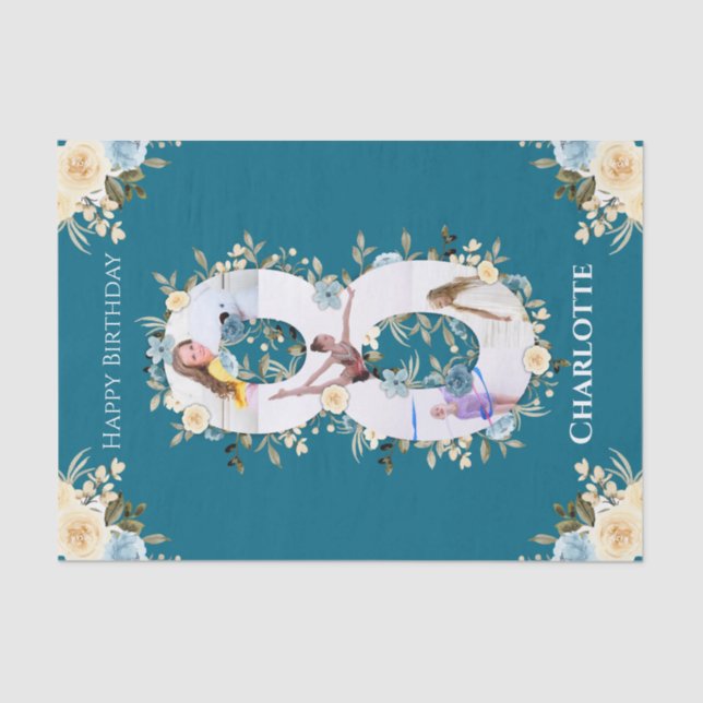 Papier Mousseline 8e anniversaire Photo Collage Turquoise bleu jaune (Recto)