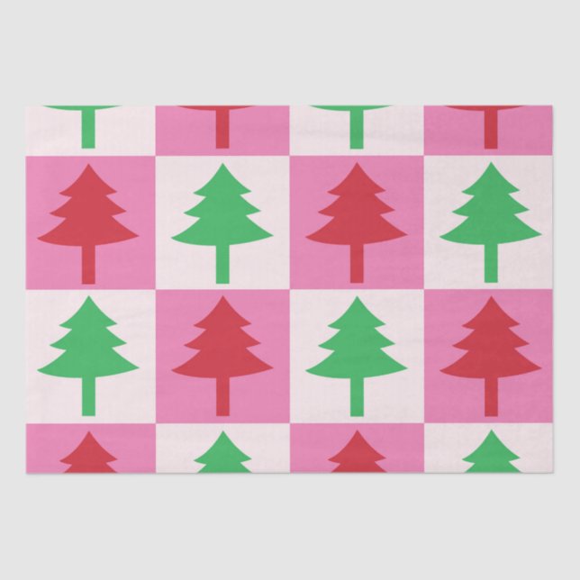 Papier Mousseline à damiers Motif des arbres de Noël verts et rouges (Recto)