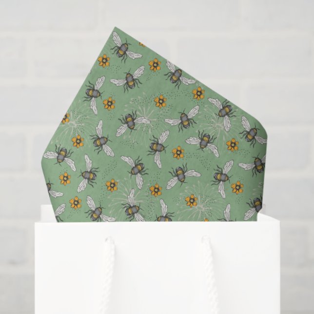 Papier Mousseline Abeille à miel bourdonnante vert sauge tendance po (Sac cadeau)