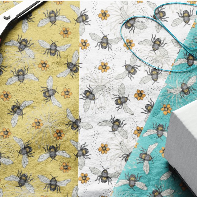 Papier Mousseline Abeille à Miel Branchée Turquoise pour le Printemp (Cute, happy bees and yellow Cosmos Spring and Summer flowers. In many colors and wrapping paper too )
