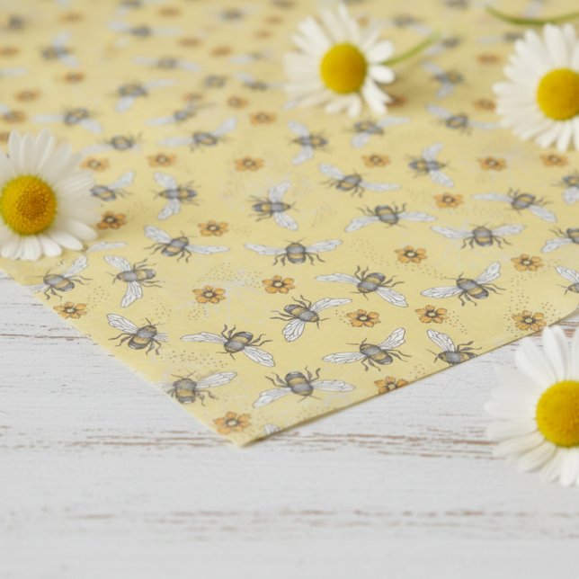 Papier Mousseline Abeille à miel tendance jaune bourdonnante printem (Fun Modern Floral Bee Tissue Paper. Yellow & Black Honey Bees & Daisy Flowers Vintage Insect Pattern)
