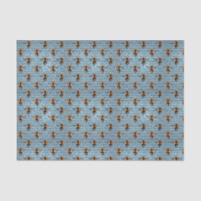 Papier Mousseline Abeille vintage bleue et or (Recto)