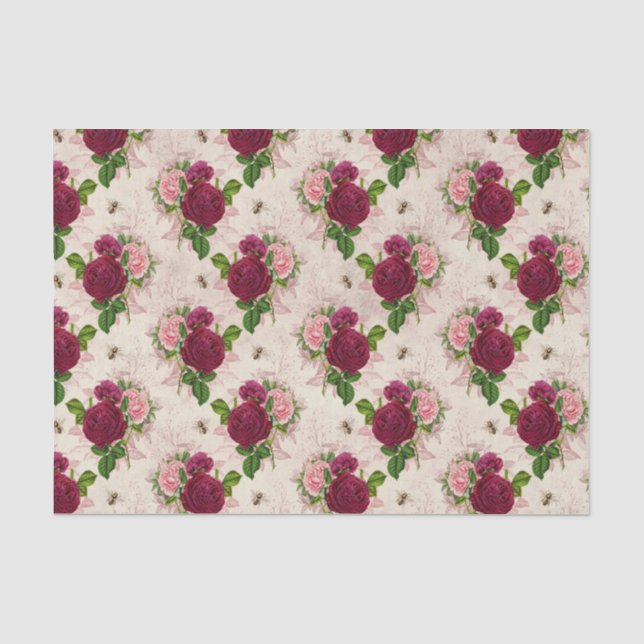 Papier Mousseline Abeille vintage et roses (Recto)