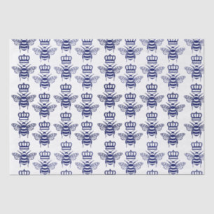 Papier Mousseline Abeilles vintages stylisées avec couronne - Bleu