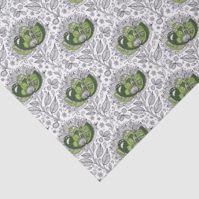 Papier Mousseline Abstract Doodle Art Style Flowers Shades of Green (Détail)