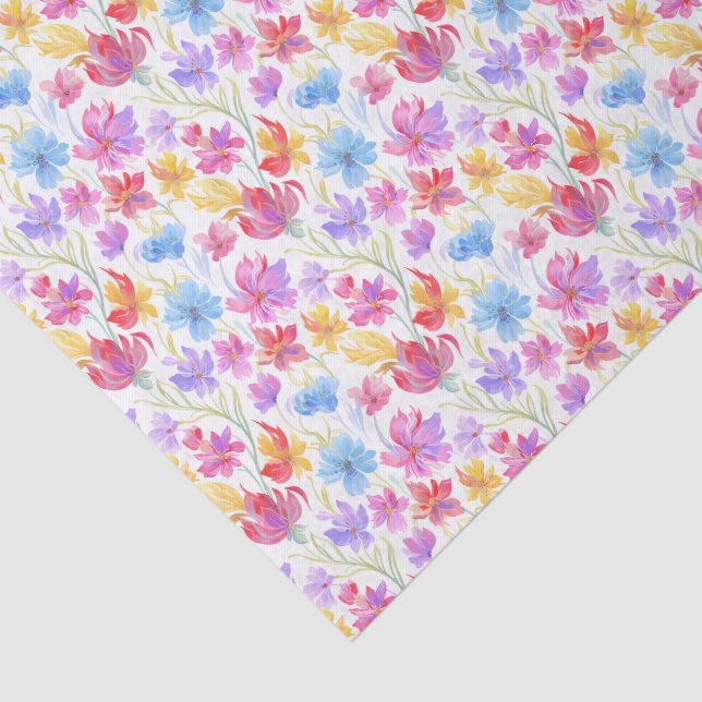 Papier Mousseline Abstract Watercolor Style Flowers Pink Blue Yellow (Détail)