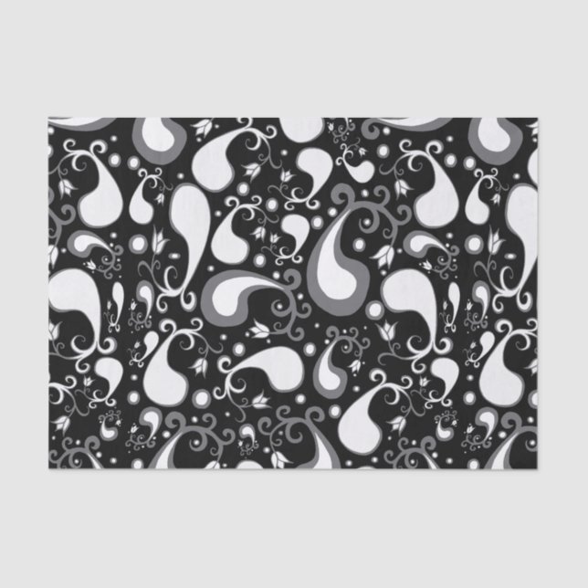 Papier Mousseline Abstrait noir et blanc Tulip Paisley Floral (Recto)