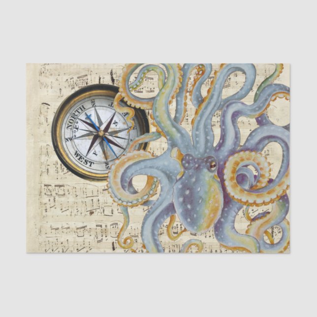 Papier Mousseline Acier Bleu Octopus Musique Compass (Recto)