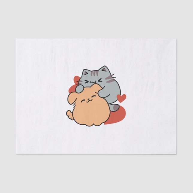 Papier Mousseline Adorable chat et chien Hug - Meow & Woof Design (Recto)