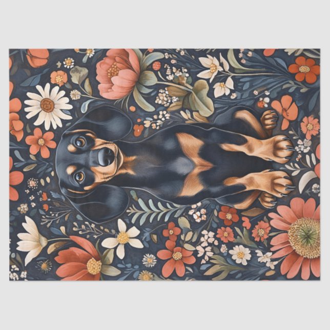 Papier Mousseline Adorable Dachshund Fleurs vibrantes Découpage (Recto)