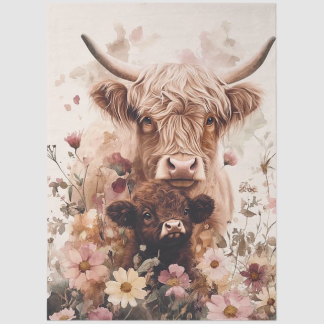 Papier Mousseline Adorable Highland Cow Calf with Mom Decoupage (Recto)