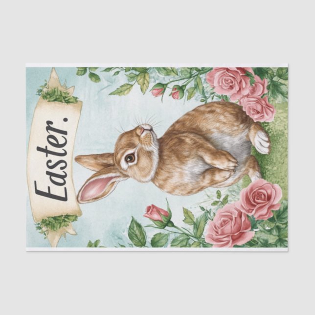 Papier Mousseline Adorable lapin de Pâques avec roses roses et une b (Recto)
