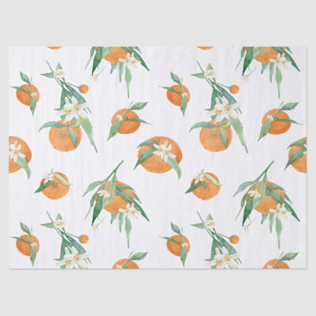 Papier Mousseline Agrumes orange n Blanc Floral Folial Aquarelle (Recto)
