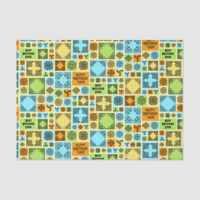 Papier Mousseline Ajouter nom et relation Anniversaire Orange & Vert (Recto)