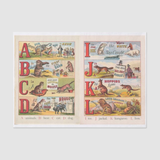 Papier Mousseline Alphabet animal vintage livre illustré (Recto)