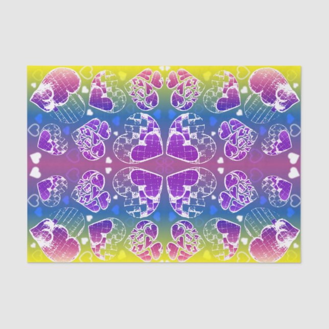 Papier Mousseline Amusant Violet, bleu, jaune motif de Coeurs Whimsi (Recto)