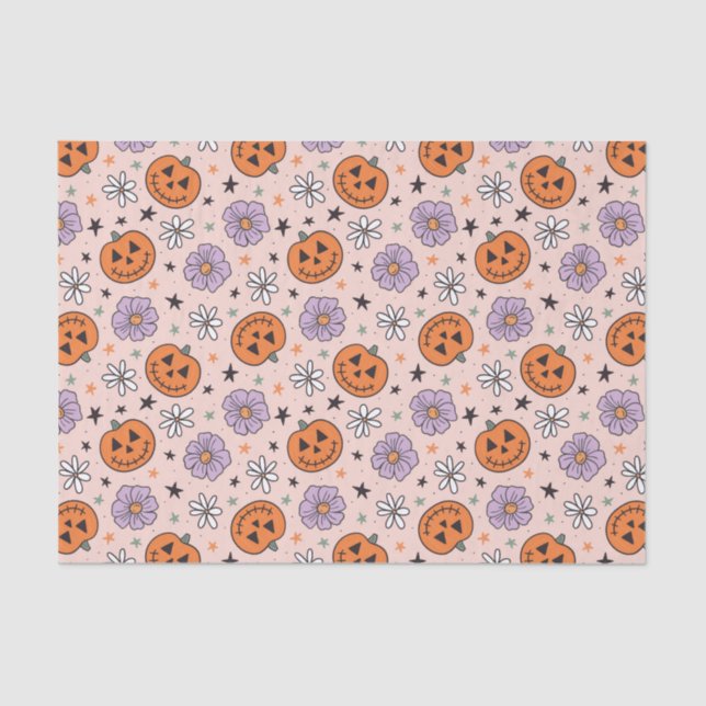 Papier Mousseline Amusants Citrouilles d'Halloween et Fleurs Motif (Recto)