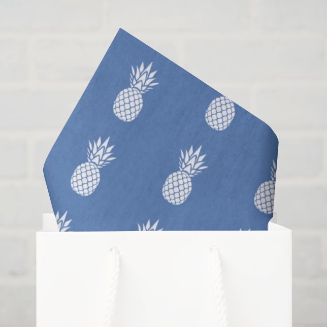 Papier Mousseline Ananas blancs chics sur fond bleu (Sac cadeau)