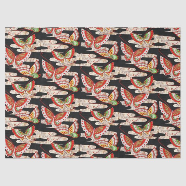 Papier Mousseline ANCIENS BULLETINS JAPONAIS Rouge Noir Blanc (Recto)