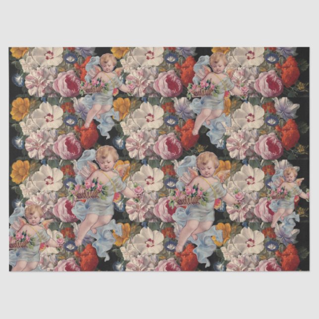 PAPIER MOUSSELINE ANGE ROMANTIQUE RASSEMBLANT ROSES ET FLEURS ROSES  (Recto)