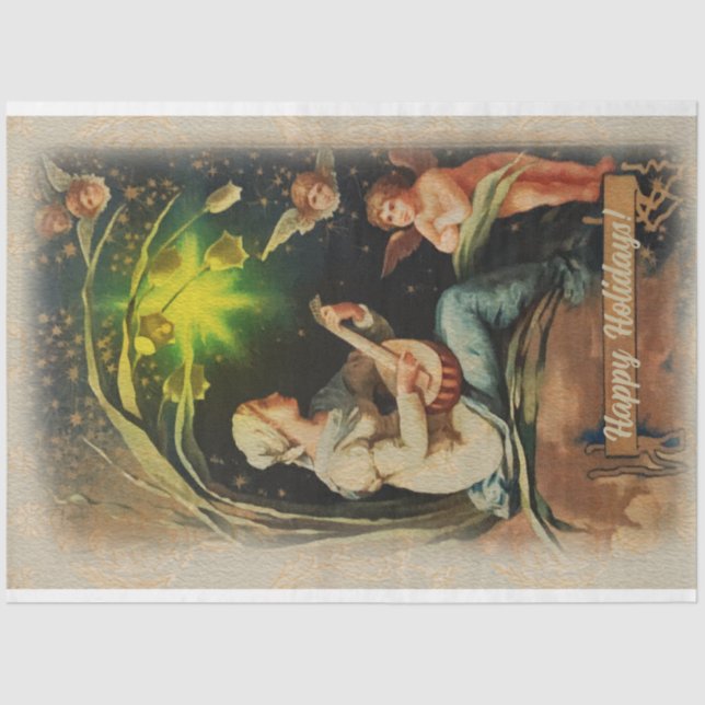 Papier Mousseline Angel Jouer Guitare Salutations Noël Soir (Recto)