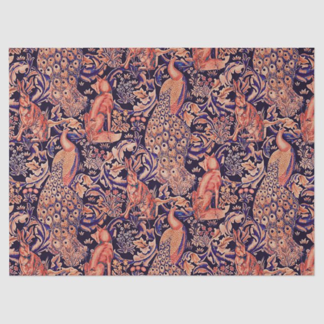 PAPIER MOUSSELINE ANIMAUX FORESTIERS, FOX, PEACOCK, HARE, ROSE BLEU  (Recto)