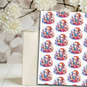 Papier Mousseline Anime Girl in Santa Hat Aquarelle Noël