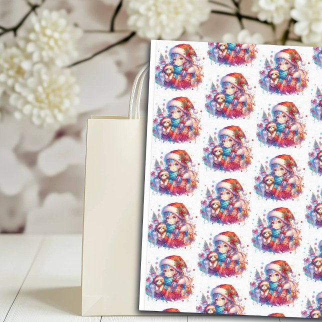 Papier Mousseline Anime Girl in Santa Hat Aquarelle Noël (Créateur téléchargé)