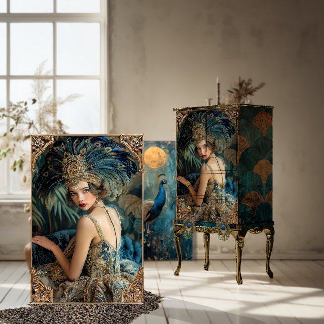 Papier Mousseline Années 20, Gatsby Flapper, Beauty Portrait (Roaring 20's Gatsby Flapper Beauty, Portrait Digital Mixed Media Art, Decoupage Tissue Paper)