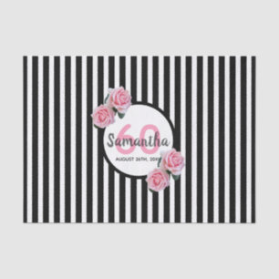 Papier Mousseline Anniversaire rose roses noir blanc rayures nom