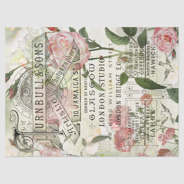 Papier Mousseline Annonce Vintage & Bouquet Rose Ephemera Découpage (Recto)